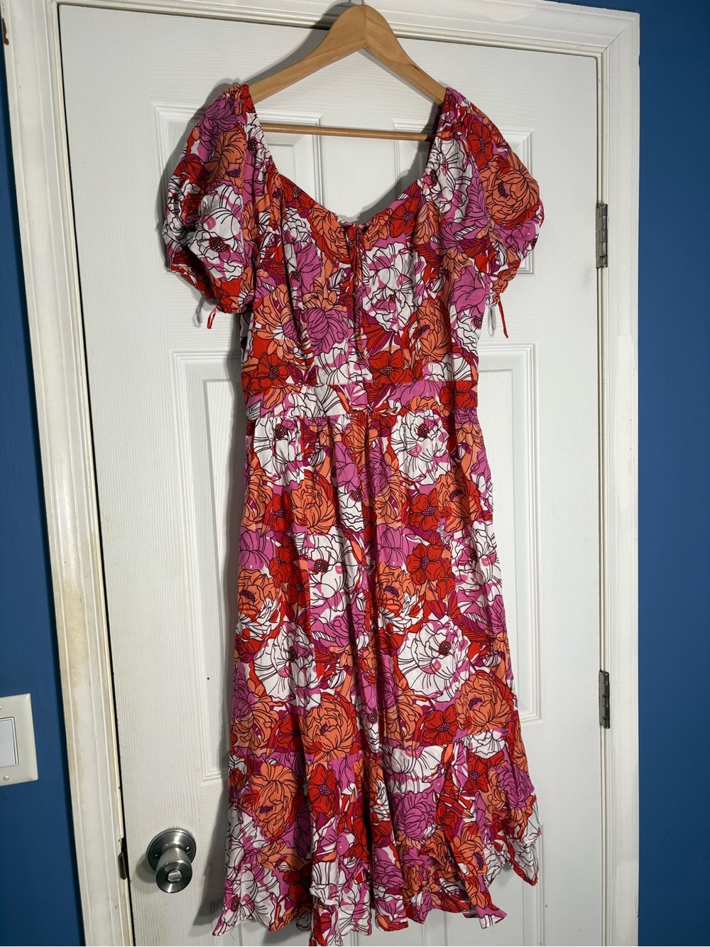 Japna Pink & Orange Floral Puff-Sleeve Midi Dress